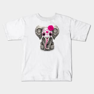 Pink Day of the Dead Sugar Skull Baby Elephant Kids T-Shirt